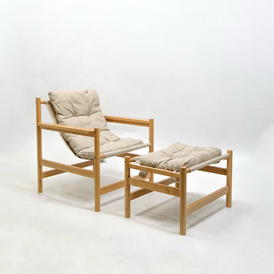 refurbished | Hubsch Heritage armchair with footstool, natural/beige
