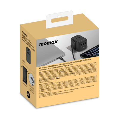 Momax 1-World+ 70W GaN 3-Port w/ Built-in USB-C Cable + AC, Black