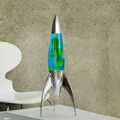Mathmos Telstar Silver Rocket lava lamp, blue/green