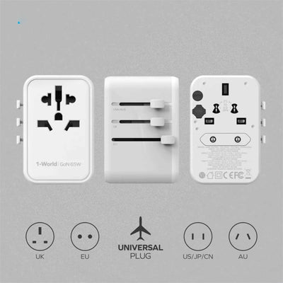 1-World 70W GaN Universal Travel Charger, white