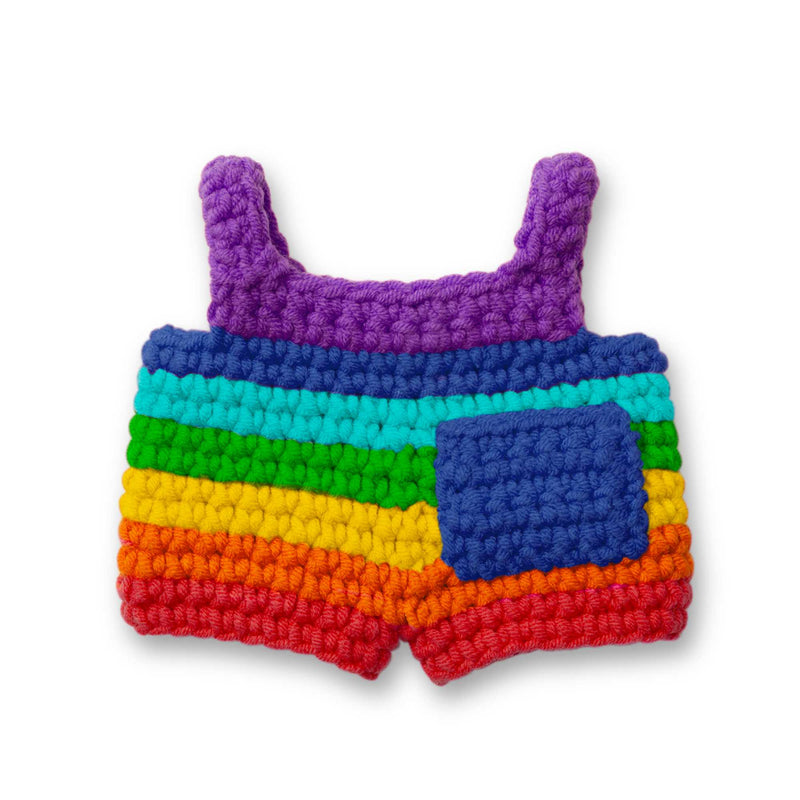 Just Dutch handmade crocheted outfit, bright rainbow overall