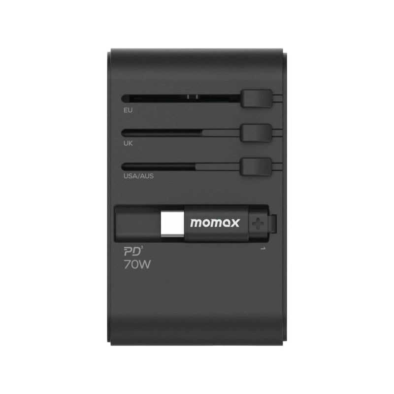 Momax 1-World+ 70W GaN 3-Port w/ Built-in USB-C Cable + AC, Black