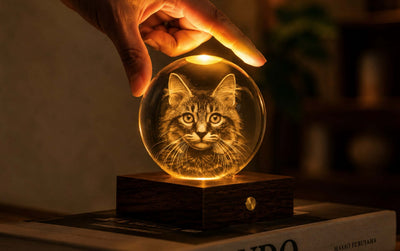 Gingko Companion amber crystal light, longhair tabby cat
