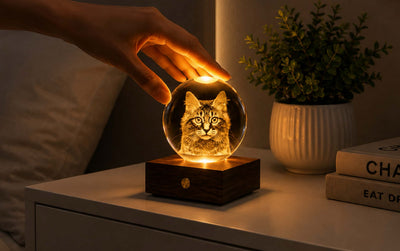 Gingko Companion amber crystal light, longhair tabby cat