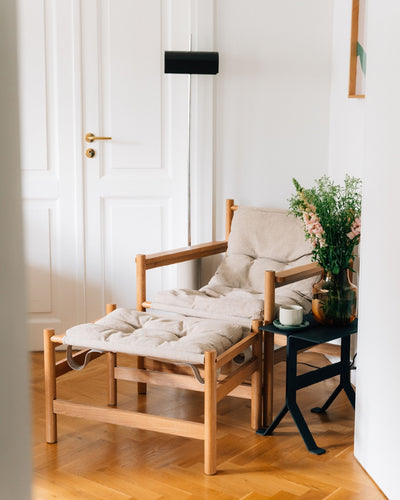 refurbished | Hubsch Heritage armchair with footstool, natural/beige