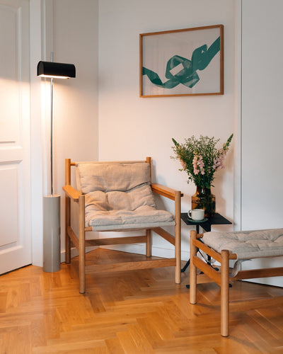 refurbished | Hubsch Heritage armchair with footstool, natural/beige
