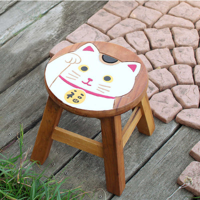 Scarf Cat Acacia wood mini stool, lucky cat