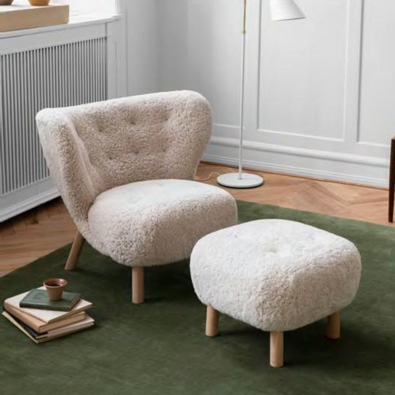 &Tradition VB1 Little Petra Chair & Pouf Set , Moonlight Sheepskin/White Oak
