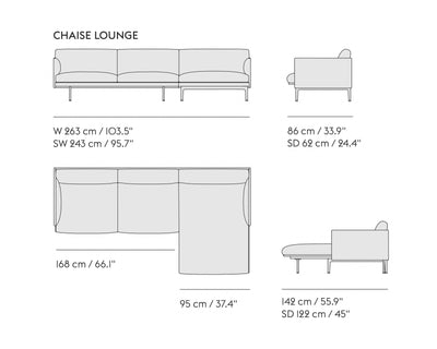 Muuto Outline sofa chaise longue Left, RefineLeatherCognac/Black w263xd142xh71cm