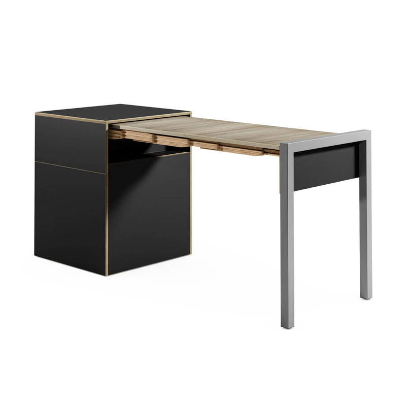 Alwin's Space Box W. Door Extendable Table , Super Matt Black/Platinum Vintage Oak