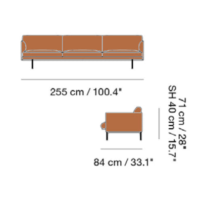 Muuto Outline Sofa 3 1/2-Seater, RefineLeatherCognac/Black w255xd84xh71cm