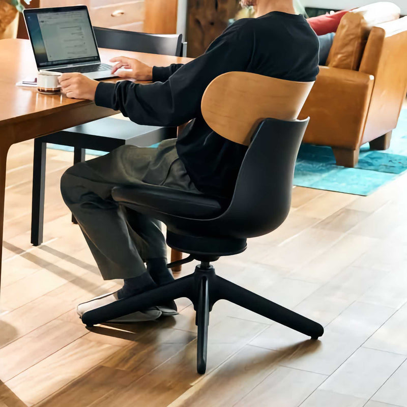 Kokuyo Inglife Office Chair Dark Plywood Back, black leather