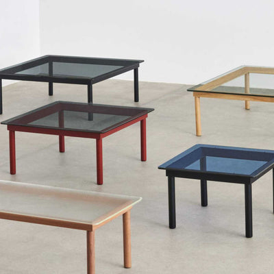 HAY Kofi coffee table with glass top (140x50 cm), oak/grey tinted glass