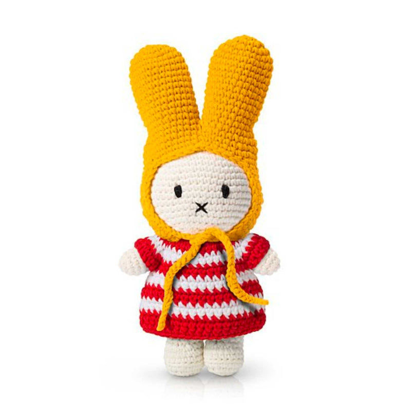Just Dutch Miffy crochet, Red Striped Dress/Yellow Hat
