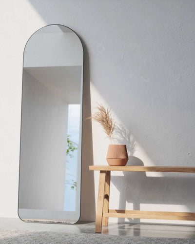Umbra Hubba arched leaning mirror, metallic titanium