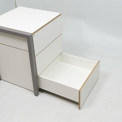 refurbished | Alwin's Space Box Extendable Table Drawers Left Extension, White/Platinum Vintage Oak