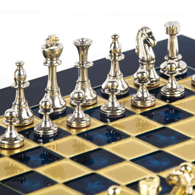 Manopoulos Classic Metal Staunton Chess, blue/gold/silver