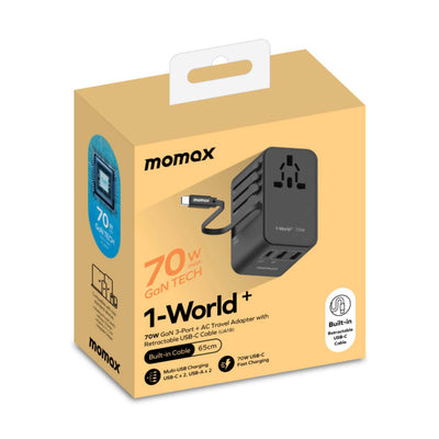 Momax 1-World+ 70W GaN 3-Port w/ Built-in USB-C Cable + AC, Black