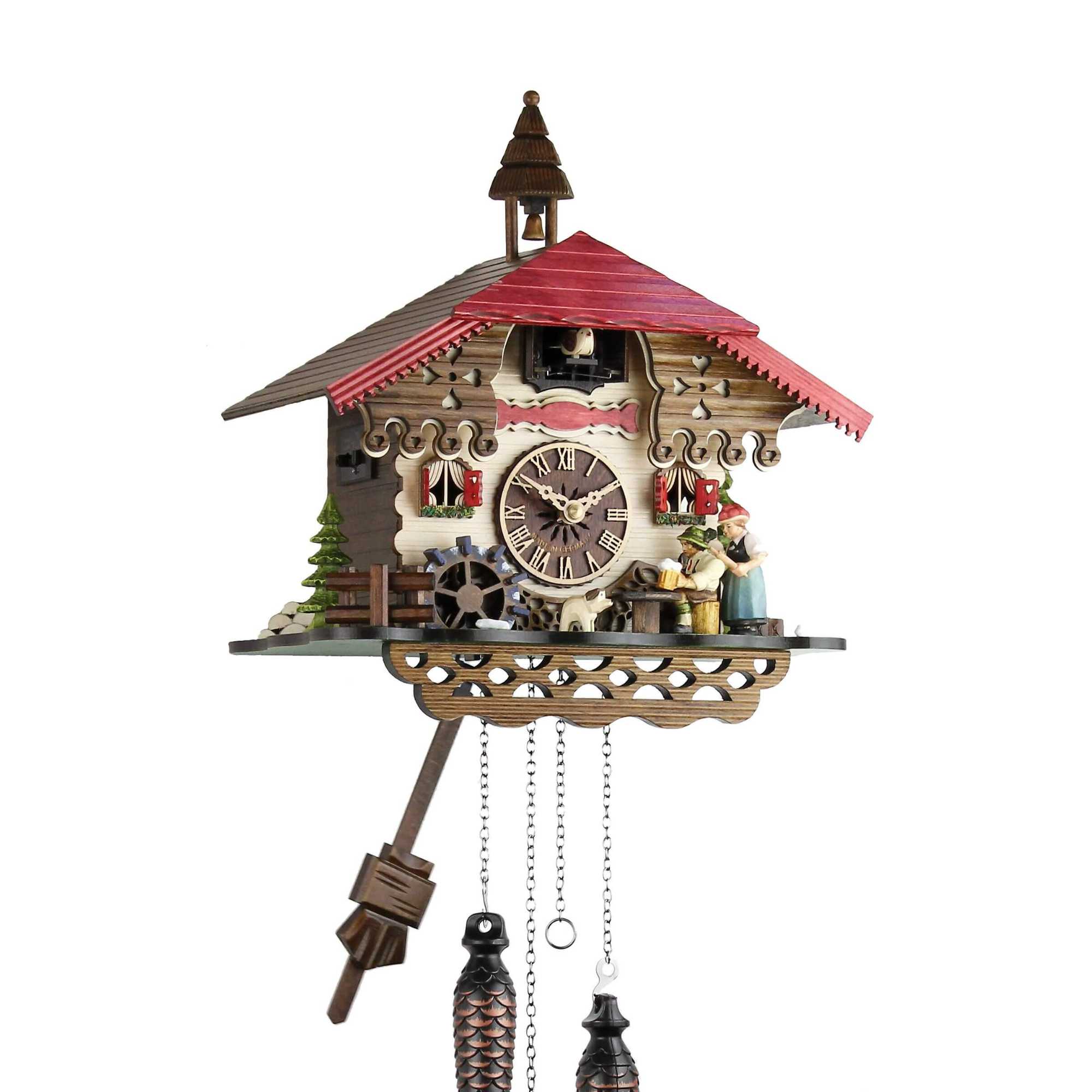 Engstler Quartz Cuckoo Clock Black Forest House with Music, Rotating Mill Wheel, The Beer Drinker and the Woman Lift the Arm