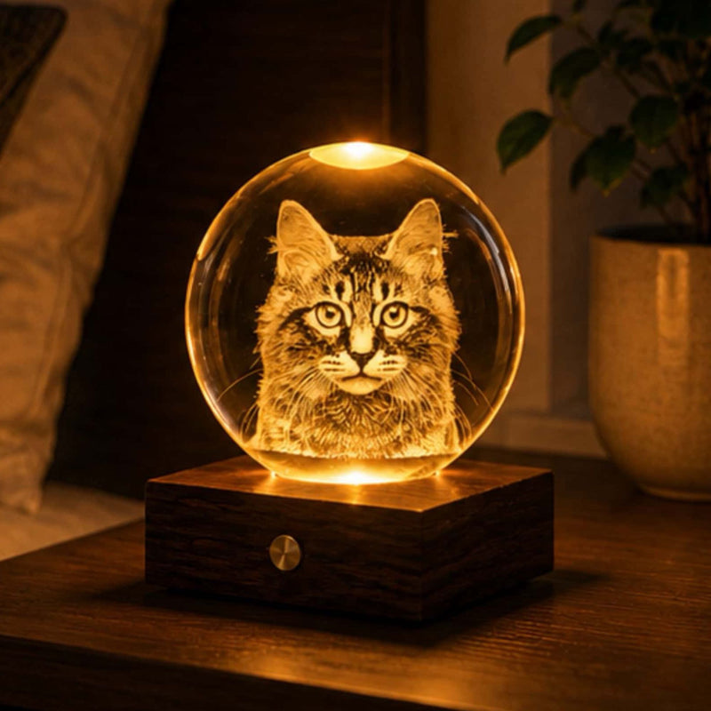 Gingko Companion amber crystal light, longhair tabby cat