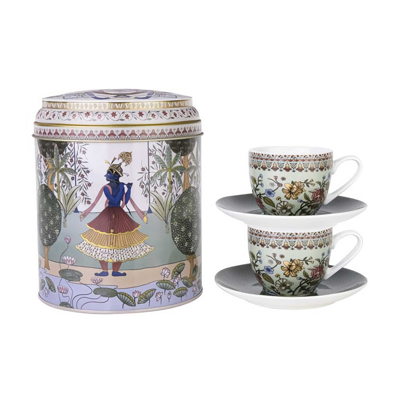 Images d'Orient Tin Box With 2 Coffee Cups & Saucer, Jangala