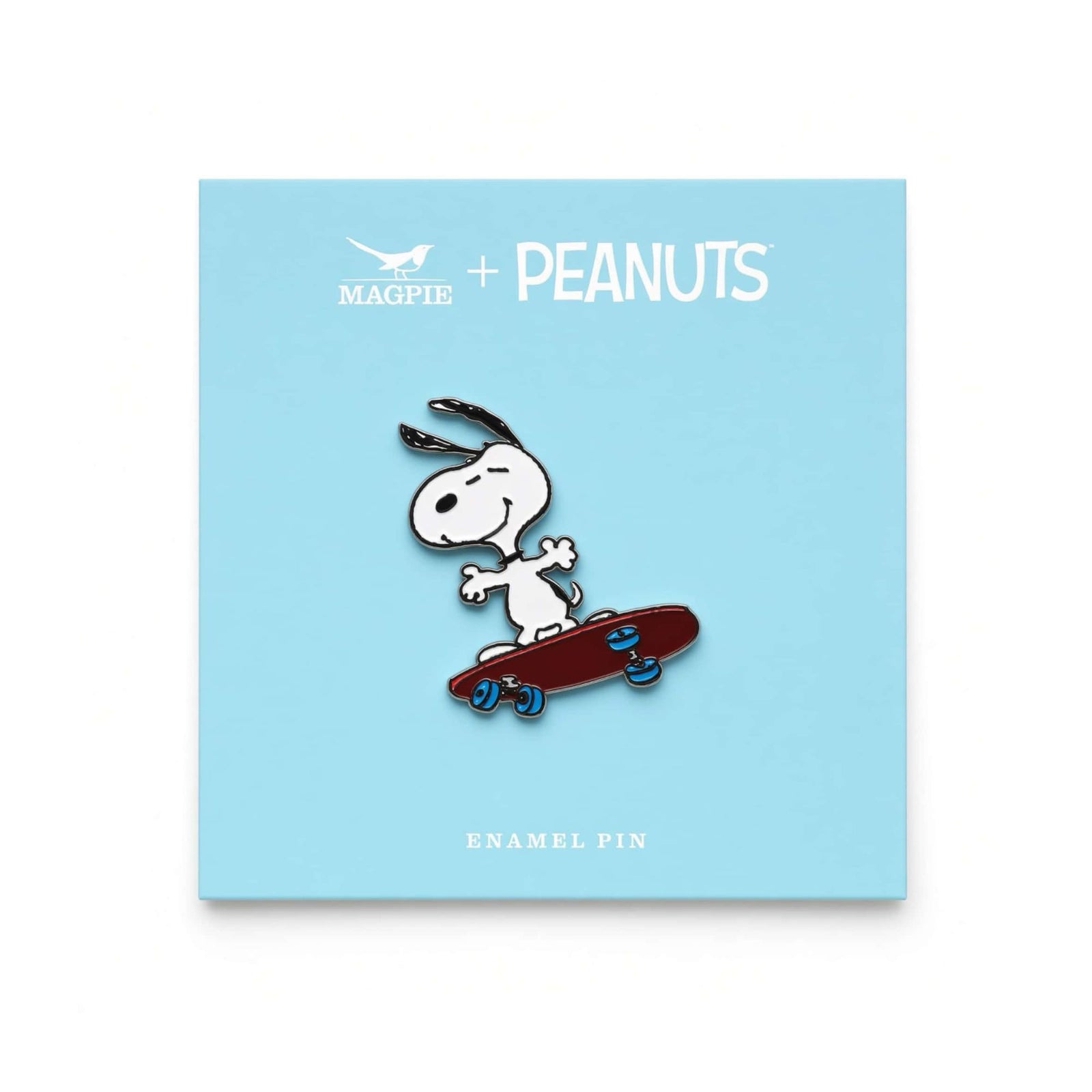 Peanuts x Magpie Snoopy enamel pin, skateboard