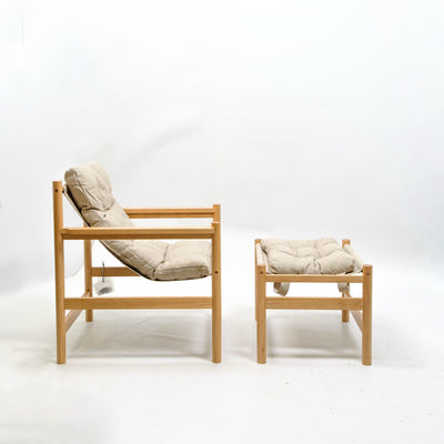 refurbished | Hubsch Heritage armchair with footstool, natural/beige