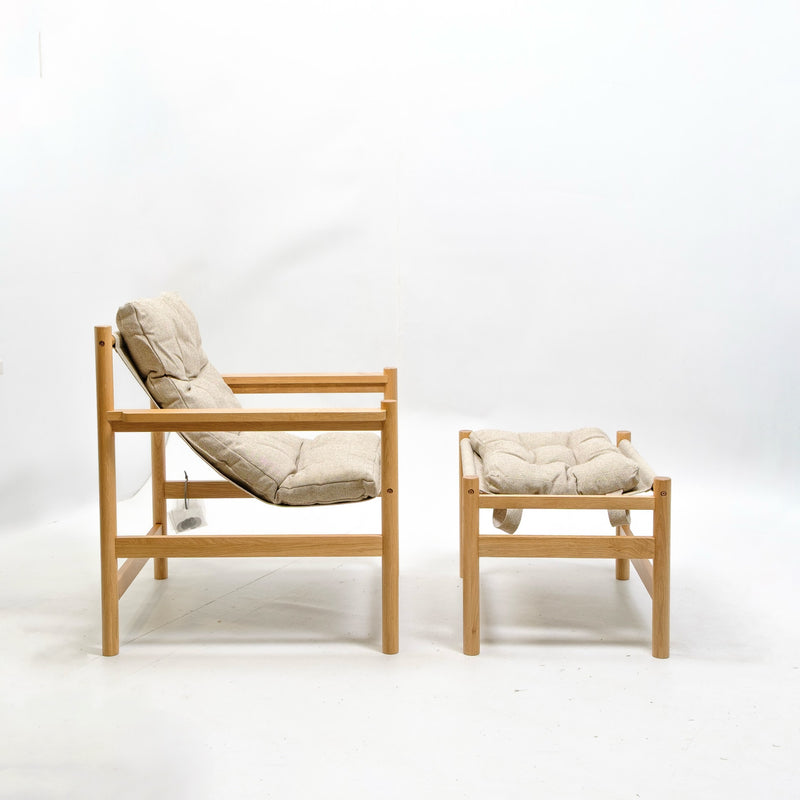 refurbished | Hubsch Heritage armchair with footstool, natural/beige