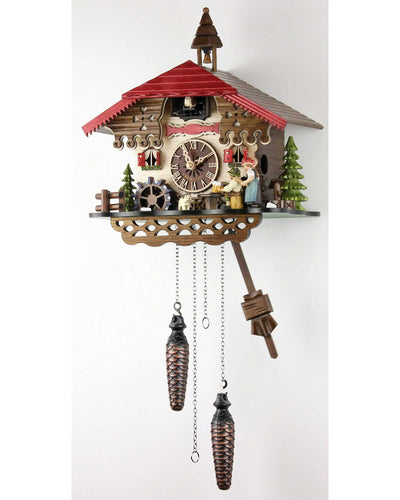 Engstler Quartz Cuckoo Clock Black Forest House with Music, Rotating Mill Wheel, The Beer Drinker and the Woman Lift the Arm