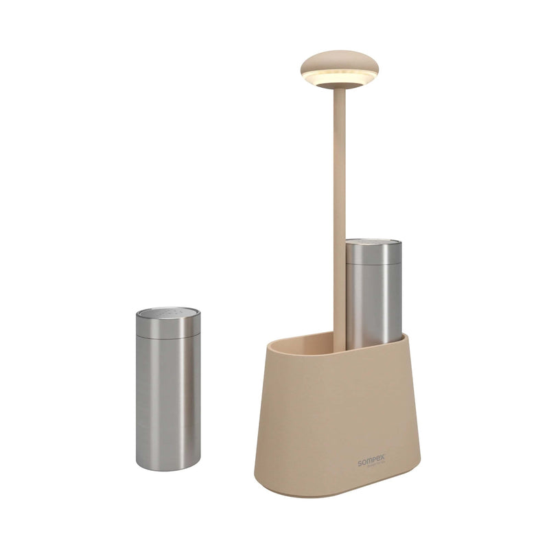 Sompex Heureca rechargeable table lamp with salt&pepper shaker set, sand