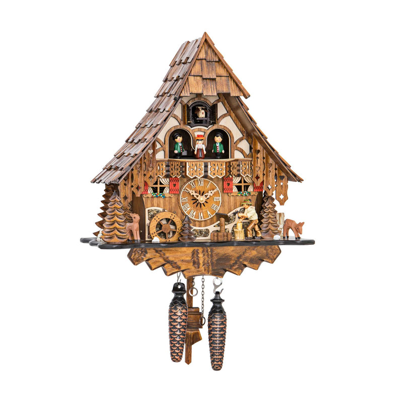 Engstler Quartz Cuckoo Clock Black Forest House with Moving Wood Chopper and Mill Wheel