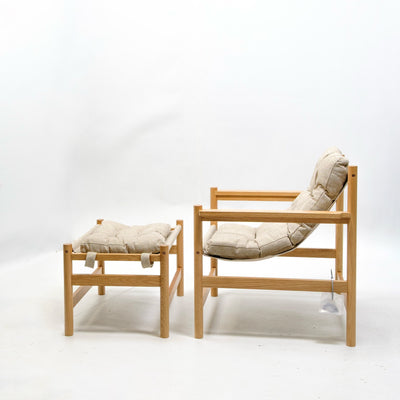 refurbished | Hubsch Heritage armchair with footstool, natural/beige