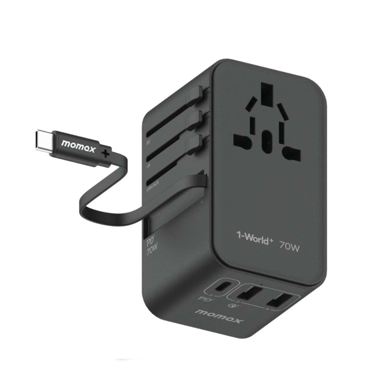 Momax 1-World+ 70W GaN 3-Port w/ Built-in USB-C Cable + AC, Black