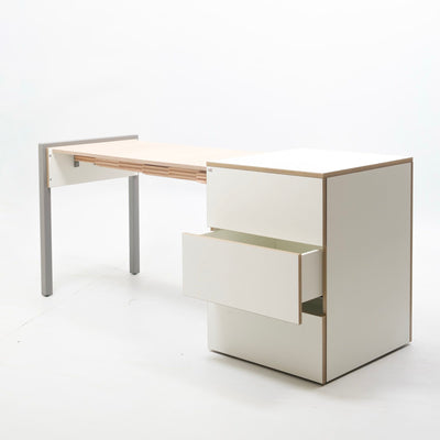 refurbished | Alwin's Space Box Extendable Table Drawers Left Extension, White/Platinum Vintage Oak