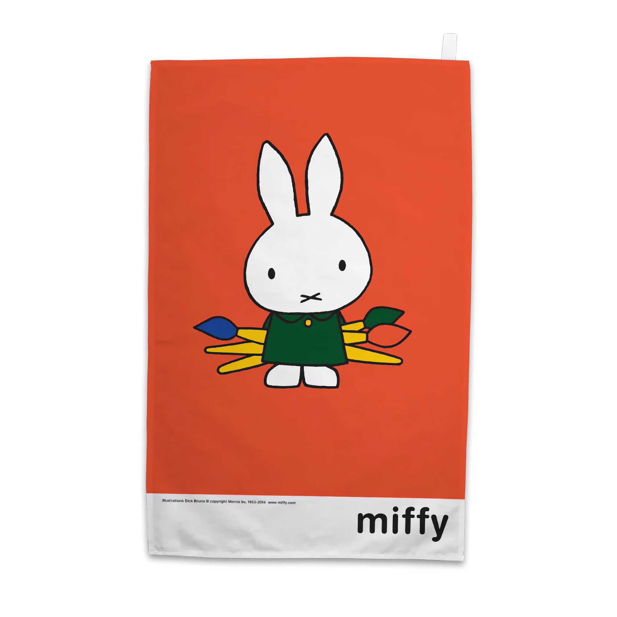 Star Editions Miffy tea towel, Miffy holding paintbrushes