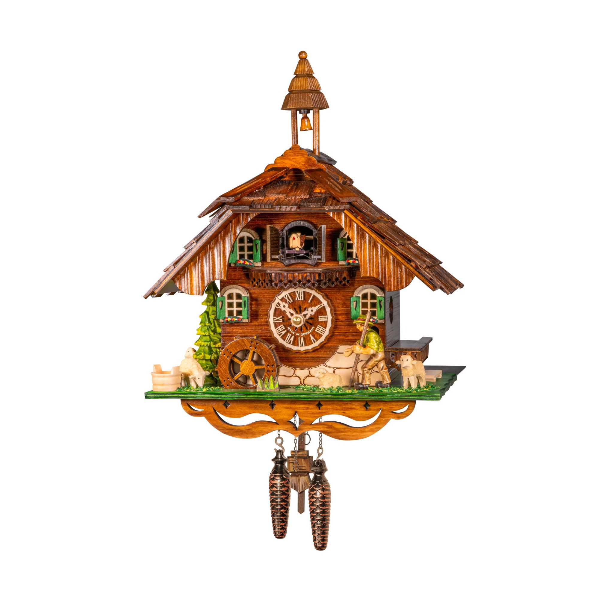 Engstler Quartz Cuckoo Clock Black forest house with music, moving wanderer and mill-wheel
