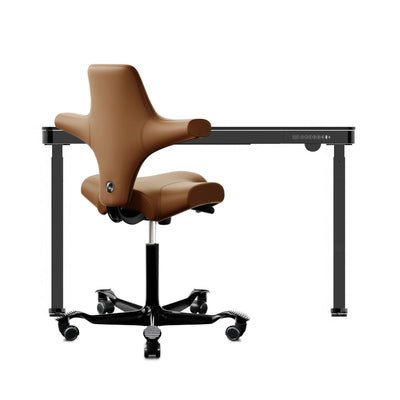 refurbished | FlexiSpot Liftek electric height adjustable desk 120x60 + Hag Capisco 8106 Leather, cognac/black