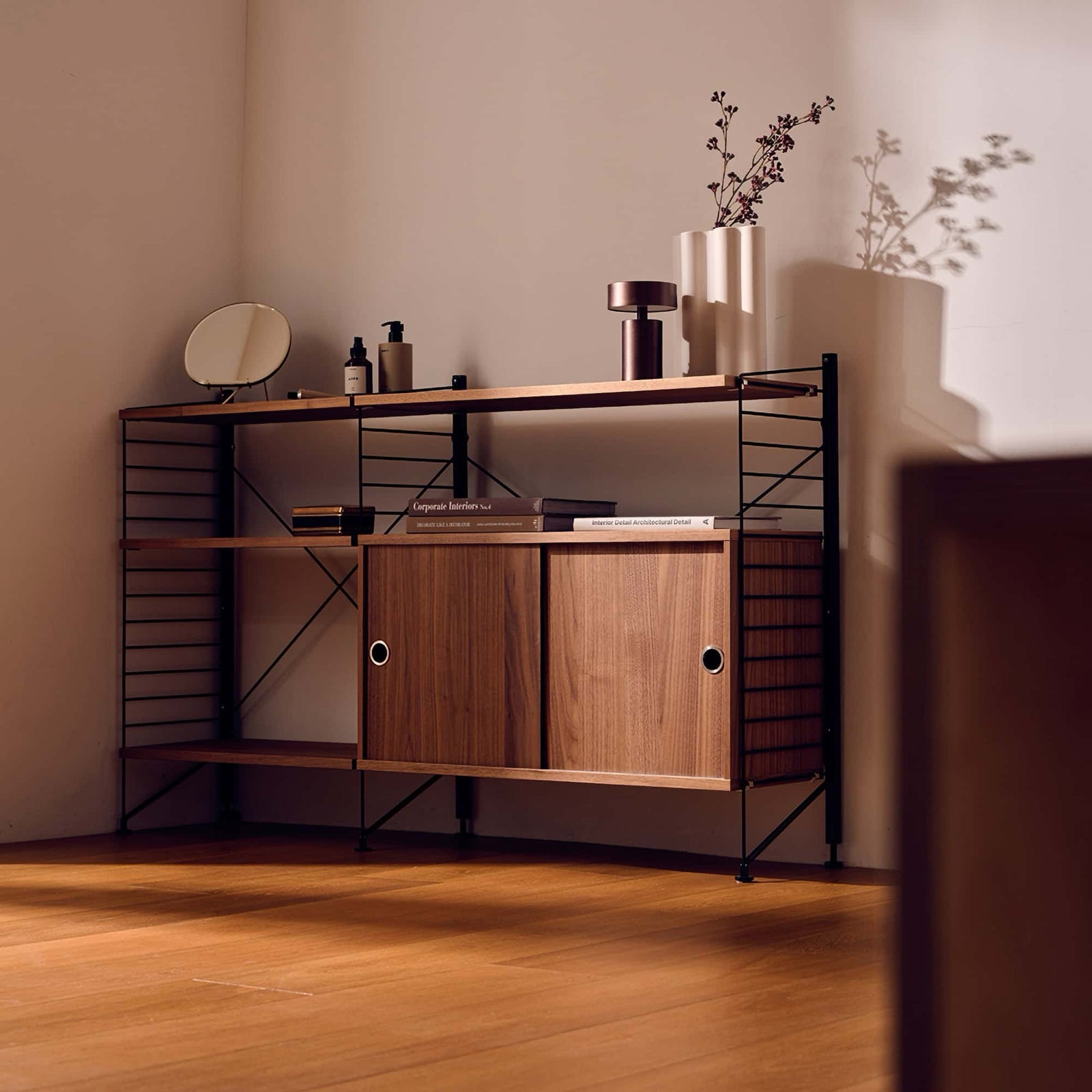 String Freestanding cabiney with sliding doors w160, walnut/black