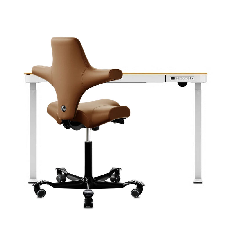 refurbished | FlexiSpot Liftek electric height adjustable desk 120x60 + Hag Capisco 8106 Leather, cognac/black