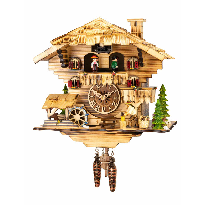 Engstler Quartz Cuckoo Clock Black Forest House with Moving Wood Chopper and Mill Wheel