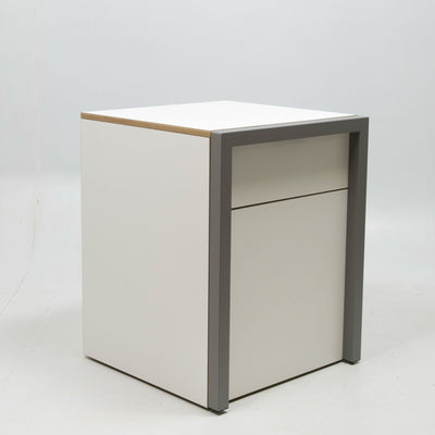 refurbished | Alwin's Space Box Extendable Table Drawers Left Extension, White/Platinum Vintage Oak
