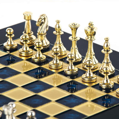 Manopoulos Classic Metal Staunton Chess, blue/gold/silver