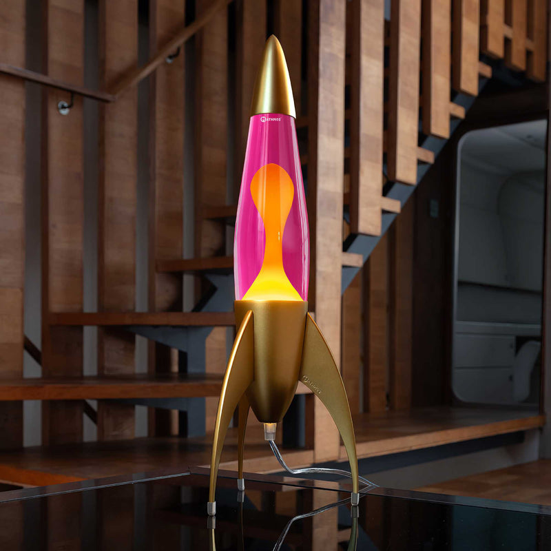 Mathmos Telstar Gold Rocket lava lamp, Pink/Yellow Lava