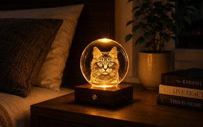 Gingko Companion amber crystal light, longhair tabby cat
