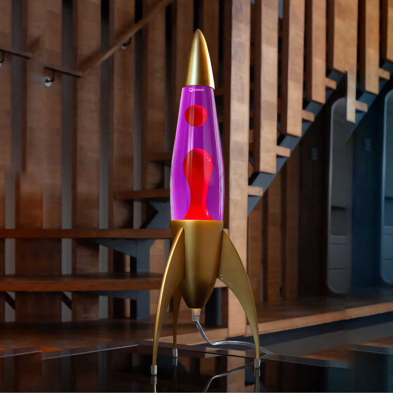 Mathmos Telstar Gold Rocket lava lamp, Violet/Red Lava