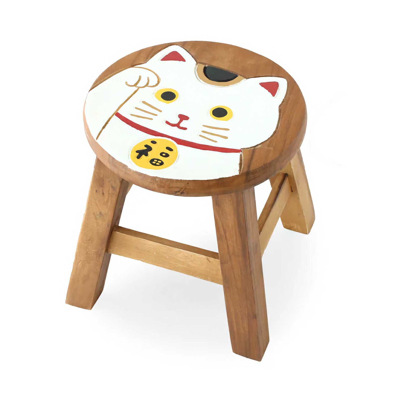 Scarf Cat Acacia wood mini stool, lucky cat