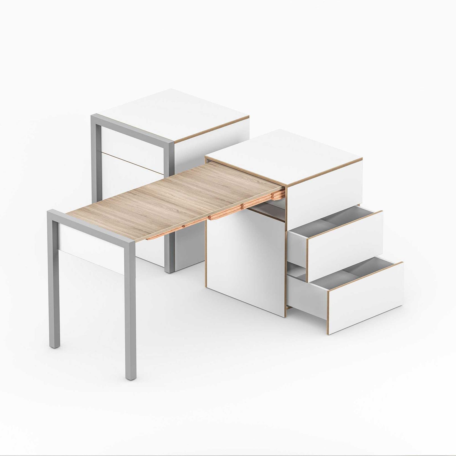 refurbished | Alwin's Space Box Extendable Table Drawers Left Extension, White/Platinum Vintage Oak