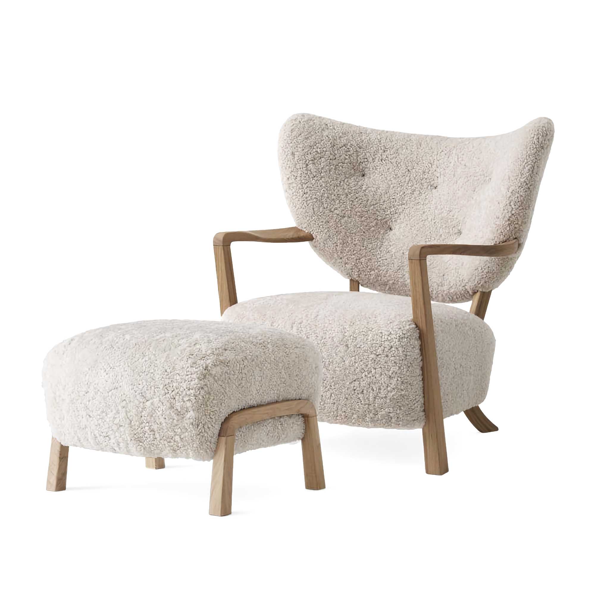 &Tradition ATD2 Wulff Lounge Chair and ATD3 Pouf, sheepskin moonlight/oiled oak