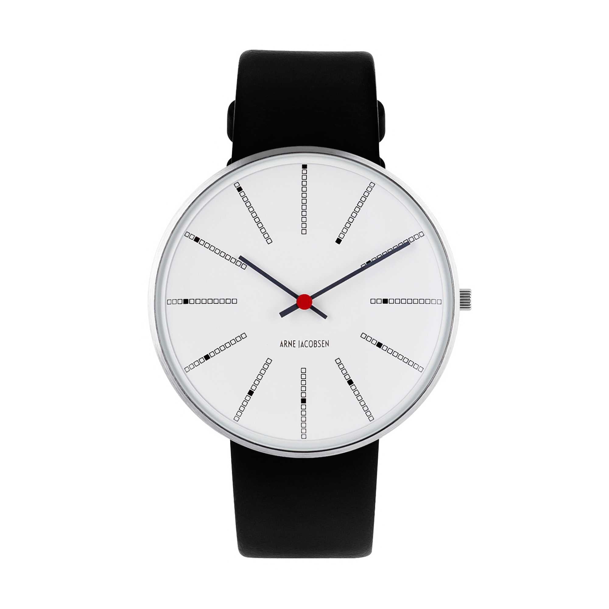 Arne Jacobsen Bankers Watch with Black Leather Strap, White