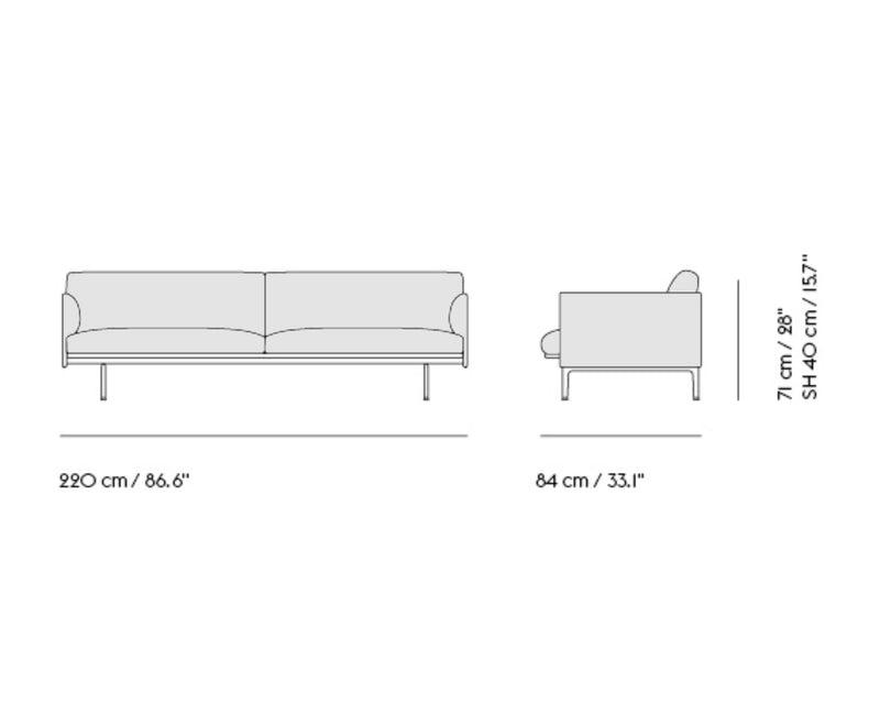 Muuto Outline Sofa 3-Seater, RefineLeatherCognac/PolishedAluminum w220xd84xh71cm